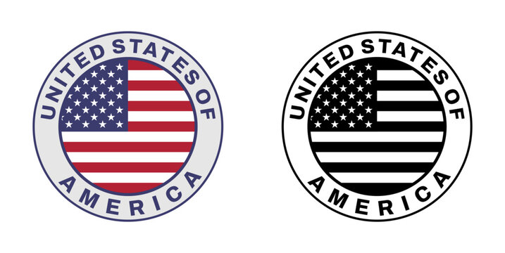 USA American Country Flag Circle Round Badge Button With Text Vector Illustration Set Original Color and Black White Version 