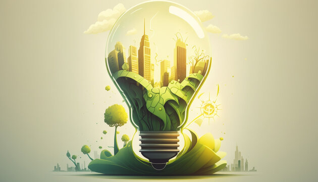 ampoule avec ville intelligente à l'intérieur, concept d'Energie verte, smart city concept, écologie concept, réchauffement climatique, AI