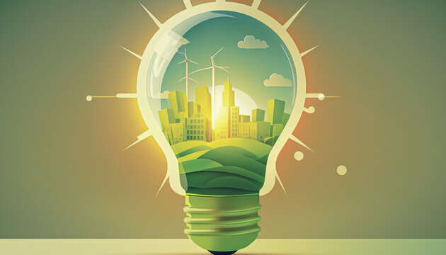 ampoule avec ville intelligente &agrave; l'int&eacute;rieur, concept d'Energie verte, smart city concept, &eacute;cologie concept, r&eacute;chauffement climatique, AI