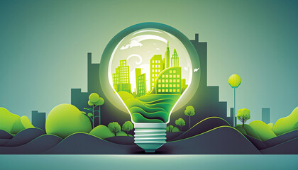 Fototapeta na wymiar light bulb with a smart city inside. Concept of green energy saving, smart city concept, renewable and recycling. Ecology behavior for global warming. AI
