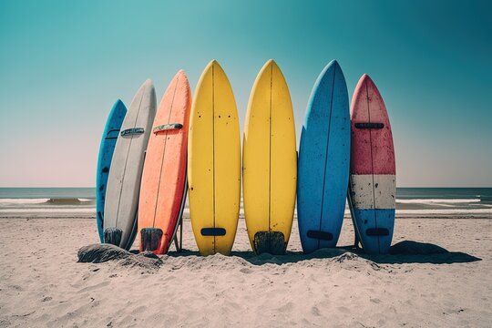  A Row Of Surfboards Sitting On Top Of A Sandy Beach.  Generative Ai