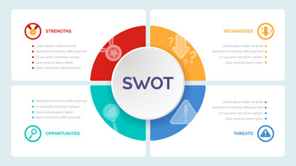 SWOT analysis template for strategic company planning. Four colorful elements with space for text inside. Modern Infographic design template. Vector illustration