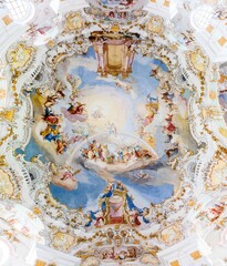 Wies, Germany. Ceiling of the Pilgrimage Church of Wies (Wieskirche), an oval rococo church located...