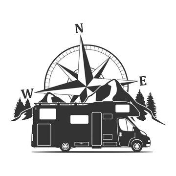 recommend clip art: Motorhome Compass Illustration Clip Art Design Shape. Mountain adventure Camp Silhouette Icon Vector.