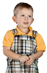 Portrait of cute little boy in orange shirt isolated on white background