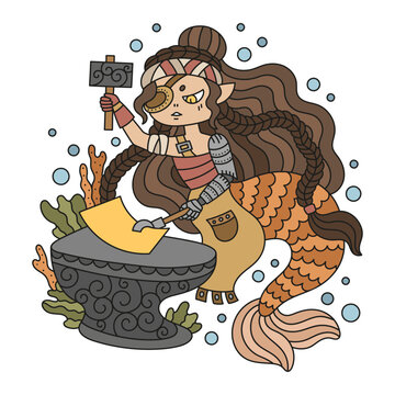Underwater blacksmith mermaid girl. Srtong woman worker. Beautiful sea creature. Fairytale drawing for kids. Funny fantasy cartoon vector illustration. Isolated on white