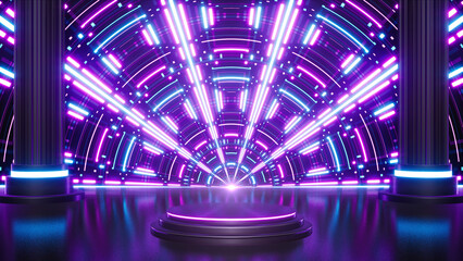 Shiny neon light event stage background, 3d rendering