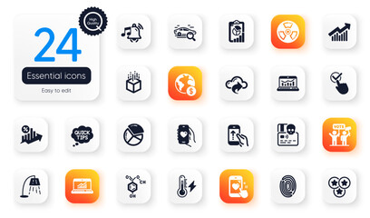 Set of Technology flat icons. Chemical hazard, Global business and Stand lamp elements for web application. Dating app, Loan percent, Cyber attack icons. Demand curve, Voting campaign. Vector