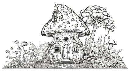 a cute coloring book for children, which is still black and white, but waiting for colors and then it will become a wonderful colorful mushroom house