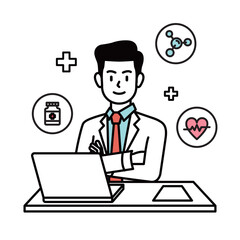 Illustration for medical and health related information and guidance. A male doctor smiling at a hospital desk.