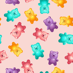 Seamless pattern with colorful sweet jelly bears and gummy fruit candies. Texture for children fabric, kids wallpaper, decorative print. Vector cartoon illustration