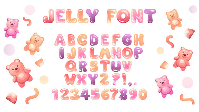 Jelly alphabet with cute сolorful bears, worms, marmalade, letters, signs and numbers. Jelly font in hand-drawn cartoon style. Vector illustration for your design