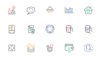 Wallet, Inclusion and Investment line icons for website, printing. Collection of Recovery data, Love mail, Electric app icons. Shower, Seo gear, Help app web elements. Refrigerator. Vector