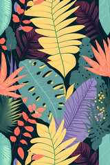 Jungle floral pattern, colorful hand drawn illustration Generative AI
