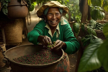 Mujer colombiana recolectando granos de café en una plantación - obrazy, fototapety, plakaty