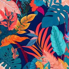 Jungle floral pattern, colorful hand drawn illustration Generative AI
