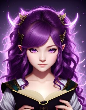 Anime girl with purple hair holding a book, fantasy art, closeup portrait of an mage, made with Generative AI