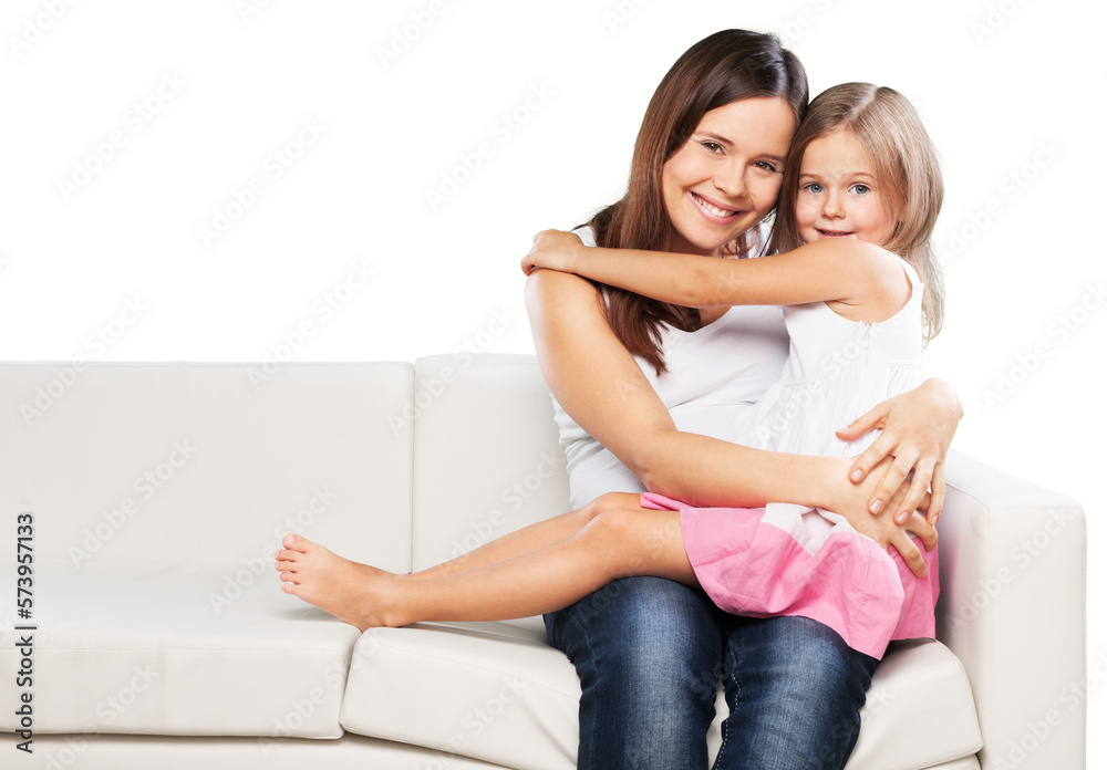 Poster Young happy family. Mother and baby daughter plays at home on the sofa