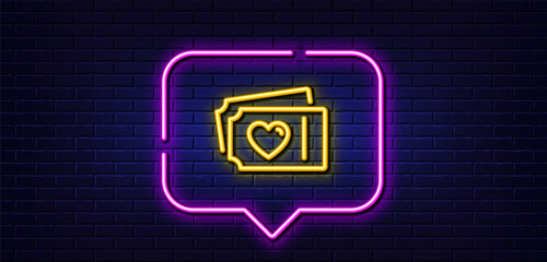 Neon light speech bubble. Love tickets line icon. Valentines day sign. Couple relationships symbol. Neon light background. Love tickets glow line. Brick wall banner. Vector