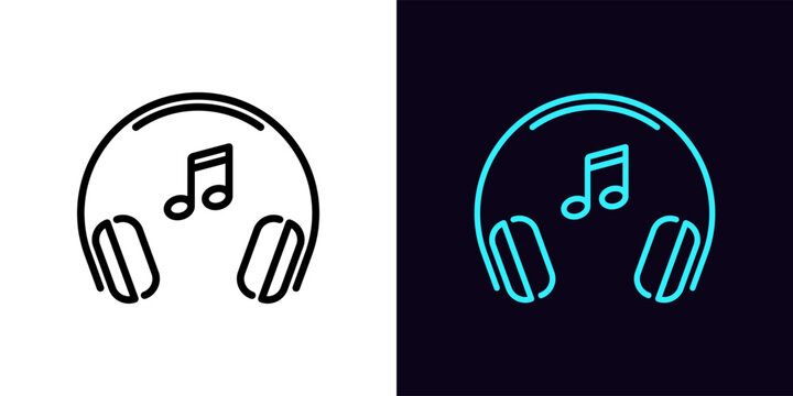 Outline Headphones Icon, With Editable Stroke. Headset Frame With Music Note Sign, Listen Sound Podcast. Dj And Gamer Headphones, Musical Track, Dance Mix, Radio Show.