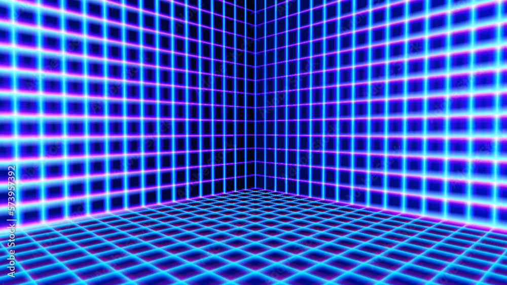 Poster neon room corner with 80s styled laser grid in synthwave style. 3d interior with wireframe neon wall