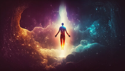 Fototapeta na wymiar Human soul levitating in space background, astral body concept, esoteric, afterlife and connection with other worlds, spirituality, ascension. Generative AI.
