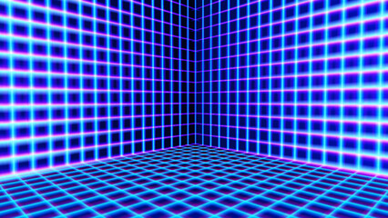Fototapeta premium Neon room corner with 80s styled laser grid in synthwave style. 3D interior with wireframe neon walls.