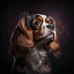 Naklejka premium Cavalier King Charles Spaniel posing in the fantasy wilderness. Dog portrait.