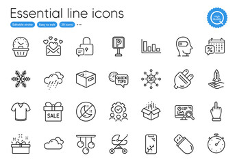 Snowflake, Discounts calendar and Timer line icons. Collection of Teamwork, Sale offer, Rainy weather icons. Ceiling lamp, Quick tips, Cloudy weather web elements. Lock, Office box. Vector