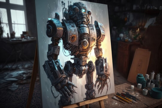 Painting with a robot. AI generative.
