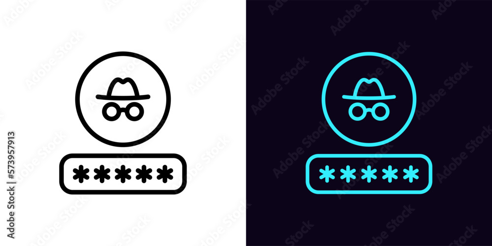 Poster outline password icon, with editable stroke. input password with incognito sign, private access pict