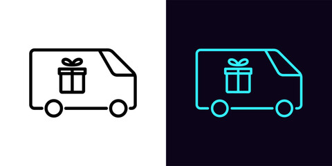 Outline delivery wagon icon, with editable stroke. Minivan with gift box sign, order delivery pictogram. Auto courier shipment, distribution service, express shipping gifts.
