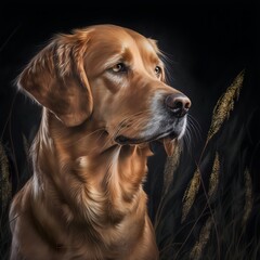 Retriever posing in the fantasy wilderness. Dog portrait.