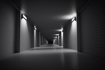 long dark corridor with led lights. Generative AI