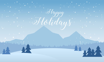 Happy Holidays with Blue Mountains Winter Snowy and Pines Forest Vector Illustration
