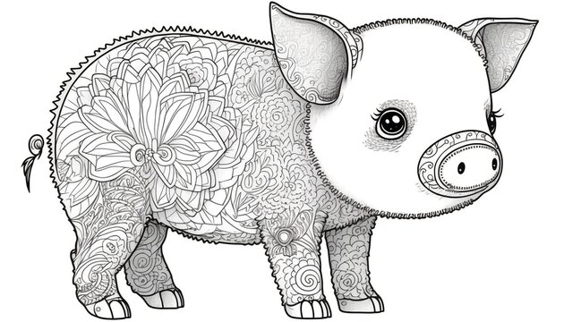 a cute coloring book for children that is still black and white, but waiting for colors and then it will become a wonderful colorful pig