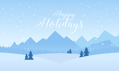 Happy Holidays with Blue Mountains Winter Snowy and Pines Forest Vector Illustration
