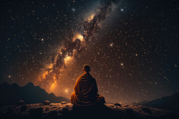 Naklejka na ściany i meble monk meditating in front of a night sky with stars and the milky way. Generative AI