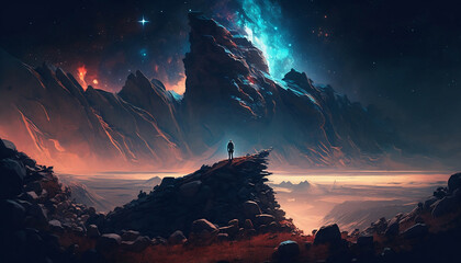 Man standing on top of a cliff under a sky filled with stars, digital painting 