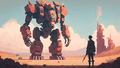 Person standing in front of a giant robot in the desert, fantasy art