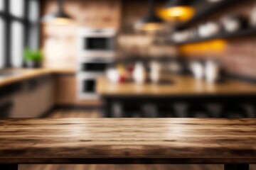 Wooden top table for display with kitchen blur background created with generative AI