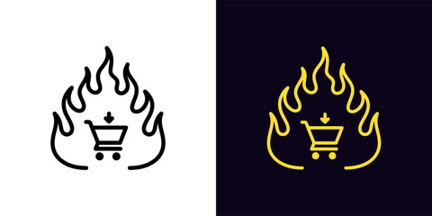 Outline hot offer icon, with editable stroke. Fire frame with shop cart sign, hot online shopping pictogram. Top best purchases, super fire sale, popular online stores, bestseller hit.