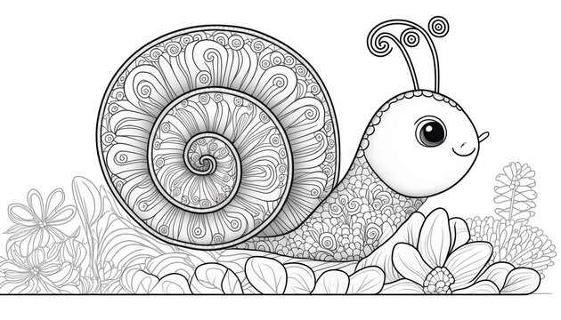a cute coloring book for children that is still black and white, but waiting for colors and then it will become a wonderful colorful snail