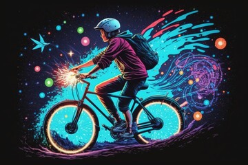  a man riding a bike with a sparkler in his hand.  generative ai