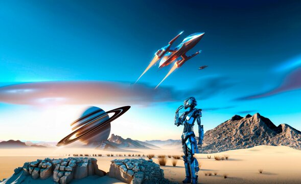 Technologies and Hope for the Future: Сyborg with a metal exoskeleton Against the Background of a Space Planet and Mystic Mountains dystopian landscape.