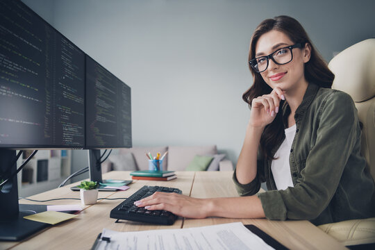 Profile side photo of smart intelligent lady developing modern site for using emoney currency anywhere sitting indoor room workstation