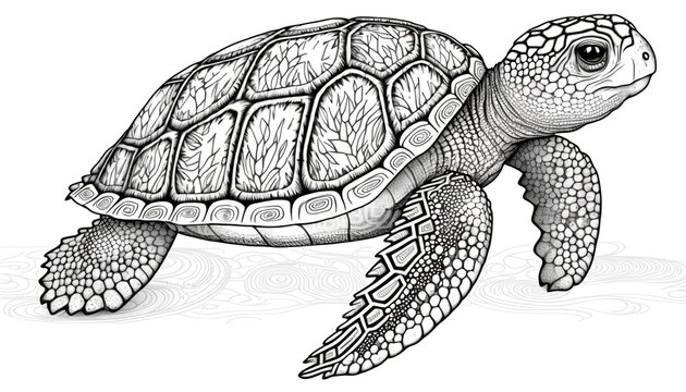 a cute coloring book for children that is still black and white, but waiting for colors and then it will become a wonderful colorful turtle