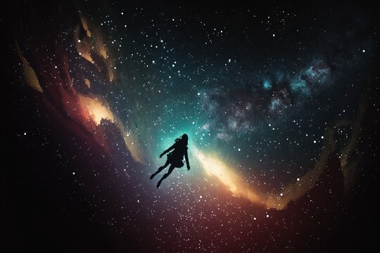 A Person Floating In The Air In Front Of A Galaxy Filled Sky With Stars And A Bright Light Liminal Space In Outer Space Digital Art Space Art