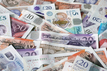 Fototapeta na wymiar A plan view of pound sterling bank notes. 