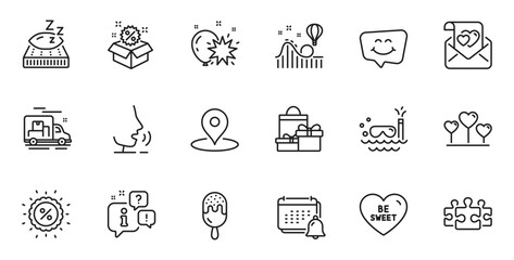 Outline set of Ice cream, Smile chat and Be sweet line icons for web application. Talk, information, delivery truck outline icon. Include Love heart, Discount, Pin icons. Vector